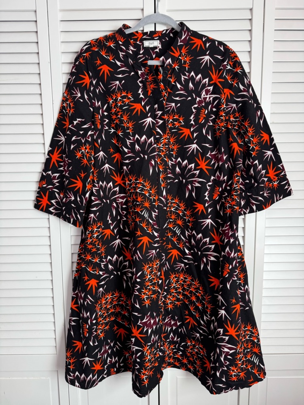 Zuri Kenya Cotton Dress Button Down A-Line Shirtdress Relaxed Fit Artsy Black XL